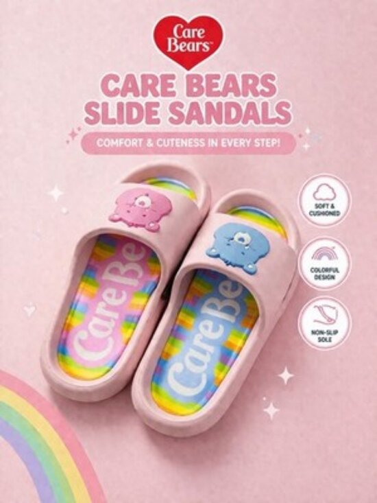 Rainbow Shoes - Care Bears Slide Sandals Pink Rainbow Slip-On Cushioned Non-Slip Size 6